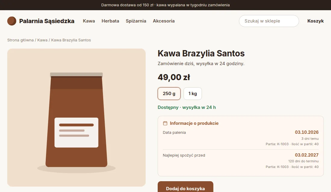Karta produktu w sklepie z datą palenia, najlepiej spożyć przed i numerem partii z GrowDates