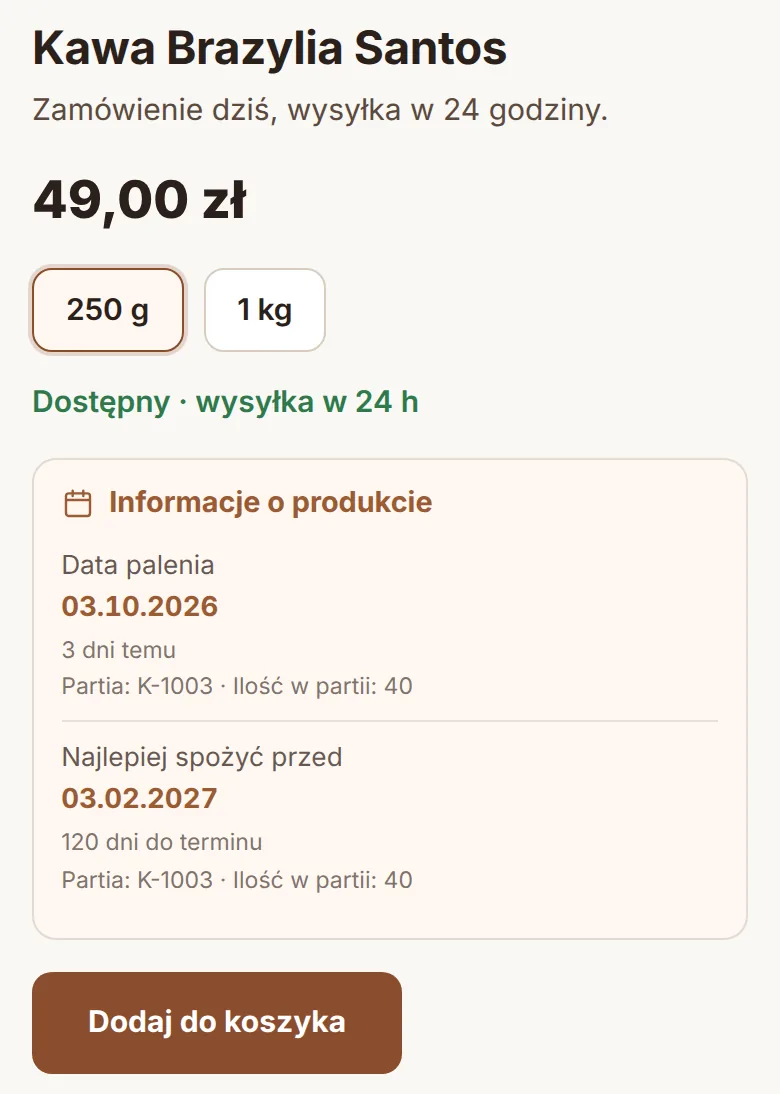 Karta produktu na telefonie z datami i partią