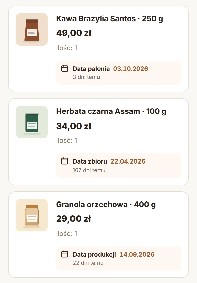 Koszyk na telefonie z datą przy każdej pozycji
