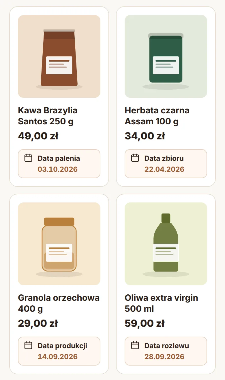 Lista produktów na telefonie z datami przy kafelkach