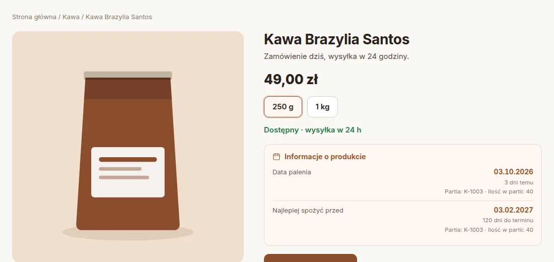Karta produktu z pełną listą dat i partii