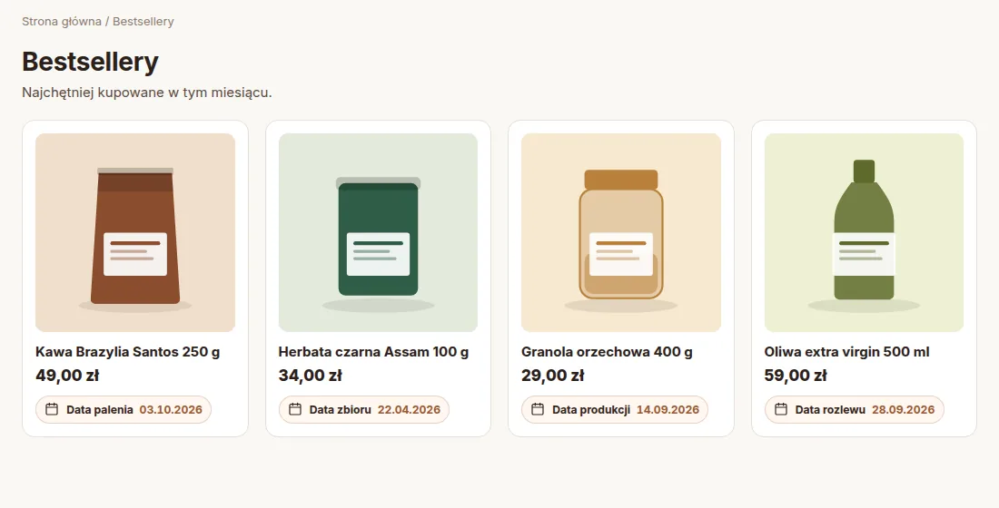 Lista produktów w sklepie z datą przy każdym kafelku