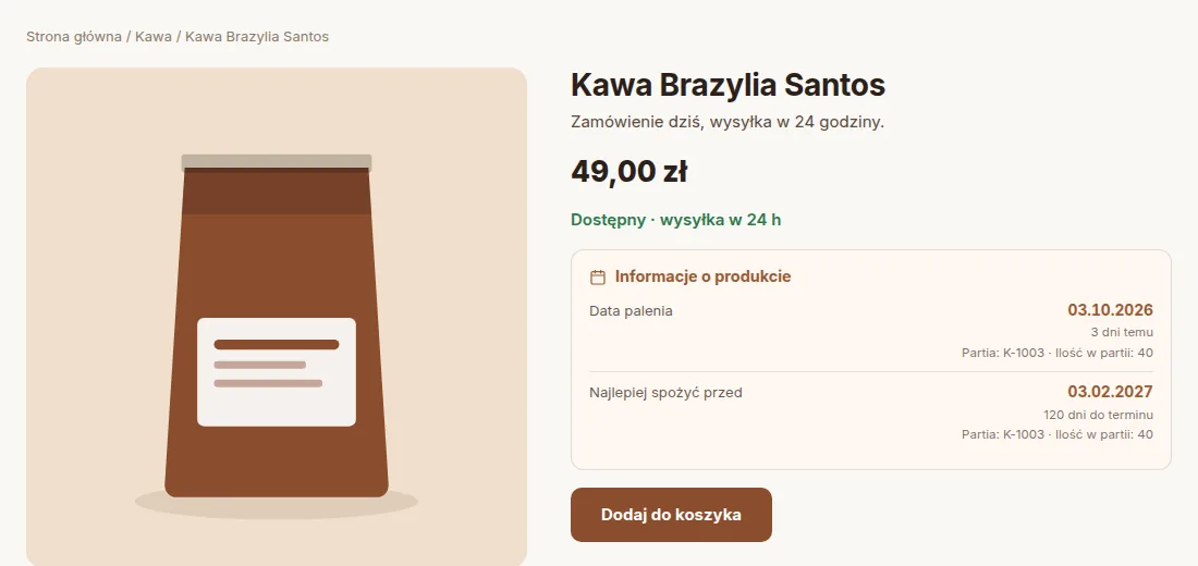 Karta produktu bez opisu czasu, tylko daty i partia