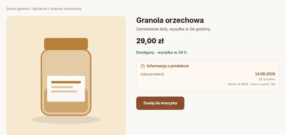Granola: data produkcji z partią i ilością na karcie produktu