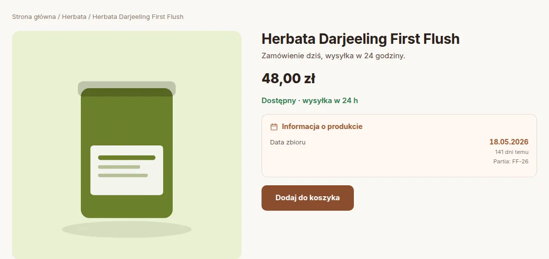 Herbata Darjeeling: data zbioru na karcie produktu