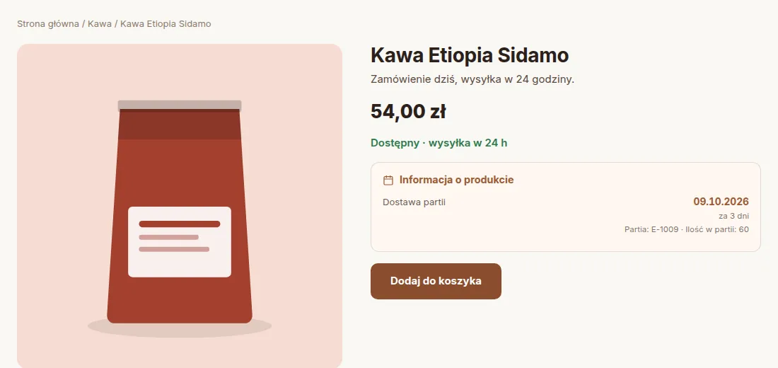 Kawa Etiopia: dostawa partii na karcie produktu