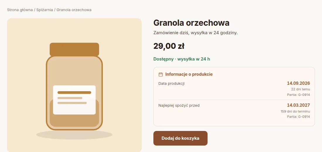 Granola: data produkcji i termin „najlepiej spożyć przed” na karcie produktu
