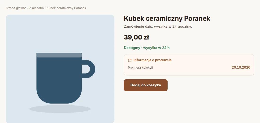 Kubek: własna etykieta „Premiera kolekcji” na karcie produktu